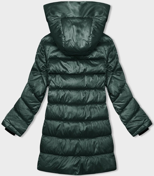 Zimowa kurtka damska z asymetrycznym zamkiem ciemnozielona (B8167-10)