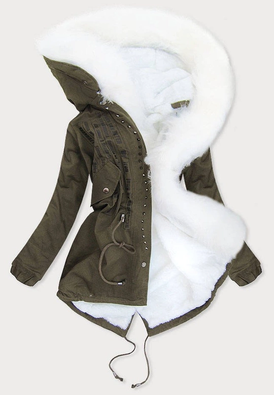 KURTKA PARKA DAMSKA ZIMOWA KHAKI-BIAŁA (613)
