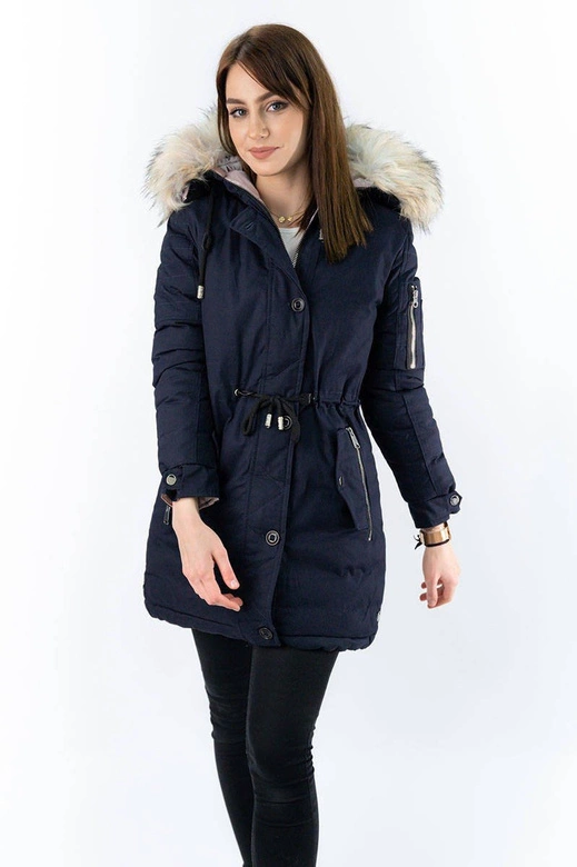 Dwustronna damska kurtka zimowa z kapturem granatowo-różowa (w631)