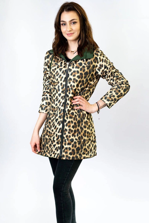 DWUSTRONNA PARKA DAMSKA Z KAPTUREM KHAKI-PANTERKA (W354)