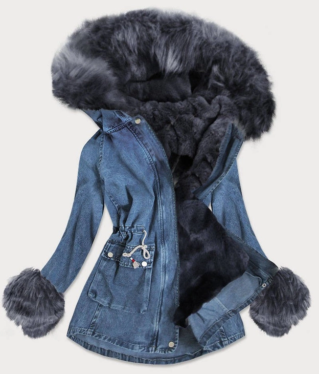 DAMSKA KURTKA JEANSOWA Z FUTRZANĄ PODPINKĄ NIEBIESKO - GRAFITOWA (T2870)