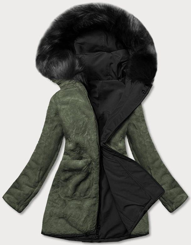 Ciepła kurtka zimowa damska dwustronna czarna/khaki (w610)