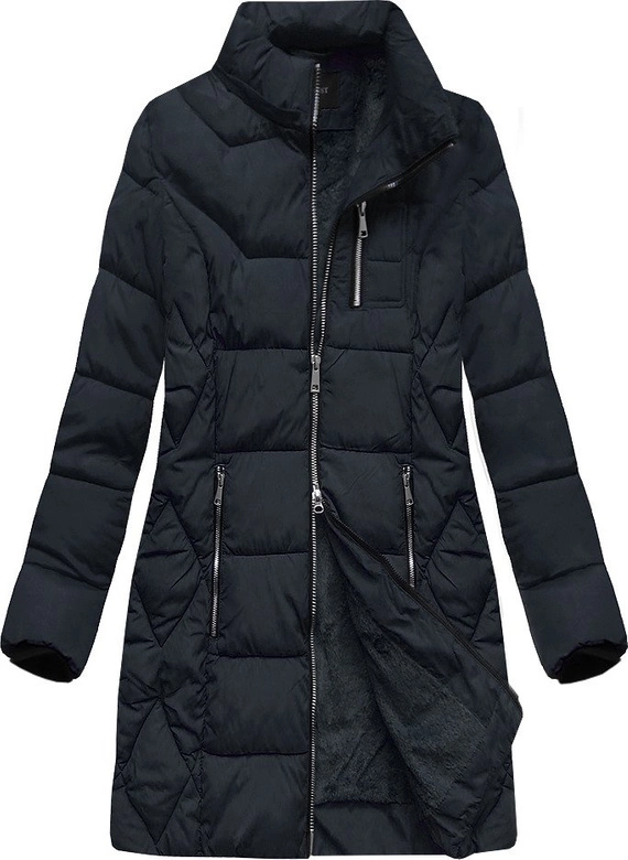 DŁUŻSZA ZIMOWA KURTKA DAMSKA Z KAPTUREM GRANATOWA (B9902)