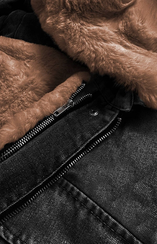 DAMSKA KURTKA JEANSOWA Z FUTRZANĄ PODPINKĄ CZARNO - BRĄZOWA (9023#)