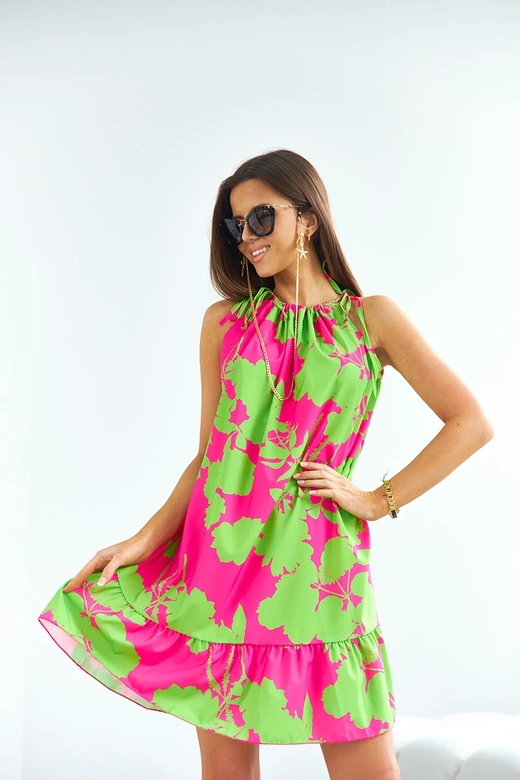 Sukienka z falbaną zielono-różowa (653)