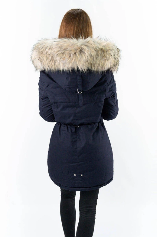 Dwustronna damska kurtka zimowa z kapturem granatowo-różowa (w631)