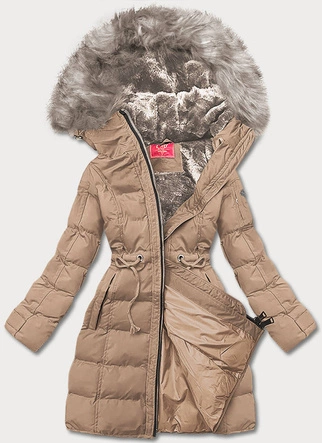 ZIMOWA KURTKA DAMSKA Z KAPTUREM CIEMNOBEŻOWA (M-21603)