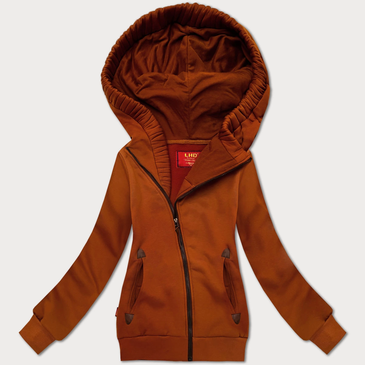 Dopasowana bluza damska z asymetrycznym zamkiem LHD karmelowa (AMG-61)