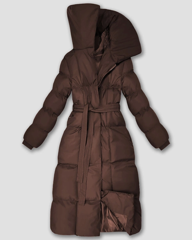 Długa zimowa kurtka damska z paskiem czekoladowa (5M3327-158)