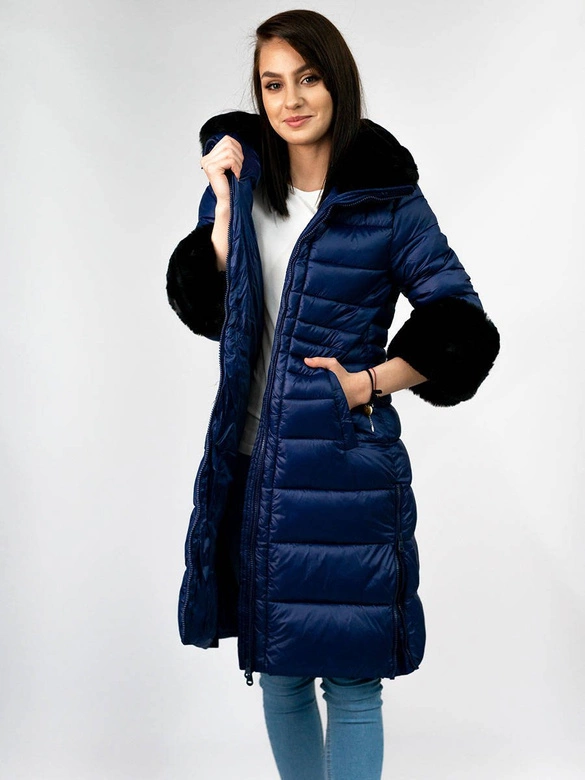 DŁUŻSZA DAMSKA PIKOWANA KURTKA ZIMOWA GRANATOWA (J19-017)