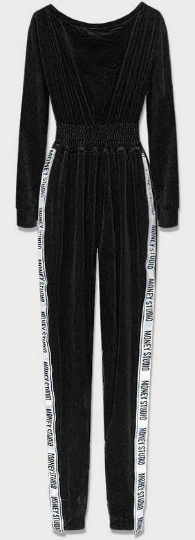 DŁUGI KOMBINEZON WELUROWY Z LAMPASAMI I NADRUKIEM CZARNY (647ART)