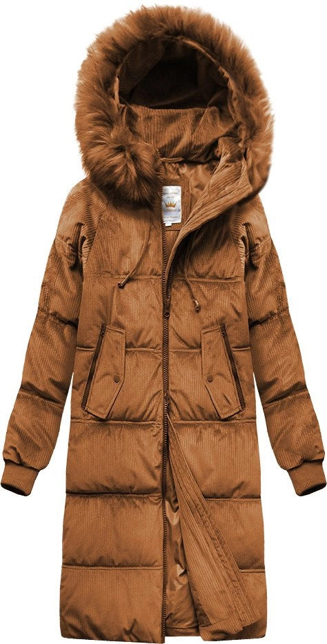 Zimowa sztruksowa kurtka damska z kapturem karmelowa (7763)