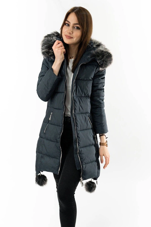 KURTKA DAMSKA ZIMOWA Z WYDŁUŻONYMI BOKAMI GRAFITOWA (GWW1716X)