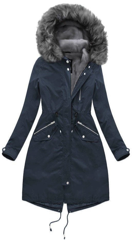 DŁUGA ZIMOWA PARKA DAMSKA Z PODPINKĄ GRANATOWO-SZARA (1802)