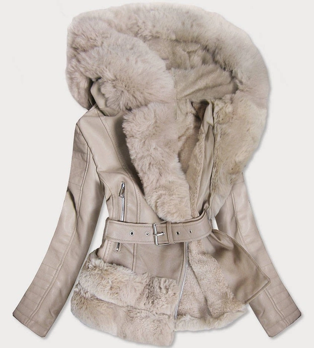 RAMONESKA Z FUTRZANYM KAPTUREM BEŻOWA (0585)