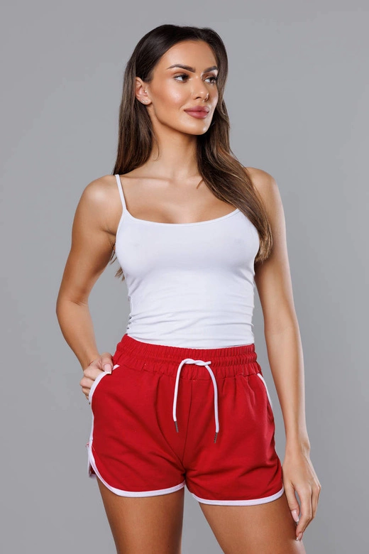 DAMSKIE SZORTY Z KONTRASTOWĄ LAMÓWKĄ CZERWONE (8K208-18)