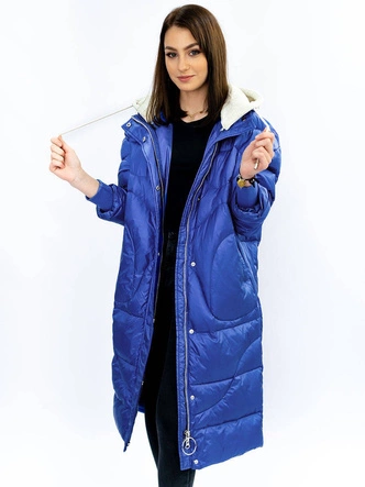ZIMOWY PŁASZCZ DAMSKI OVERSIZE Z PUCHEM NATURALNYM NIEBIESKI (17127)