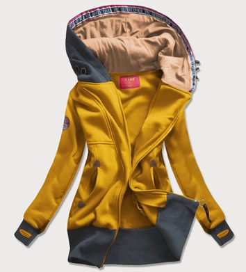 DŁUGA BLUZA DAMSKA Z ASYMETRYCZNYM ZAMKIEM MUSZTARDOWA (560)