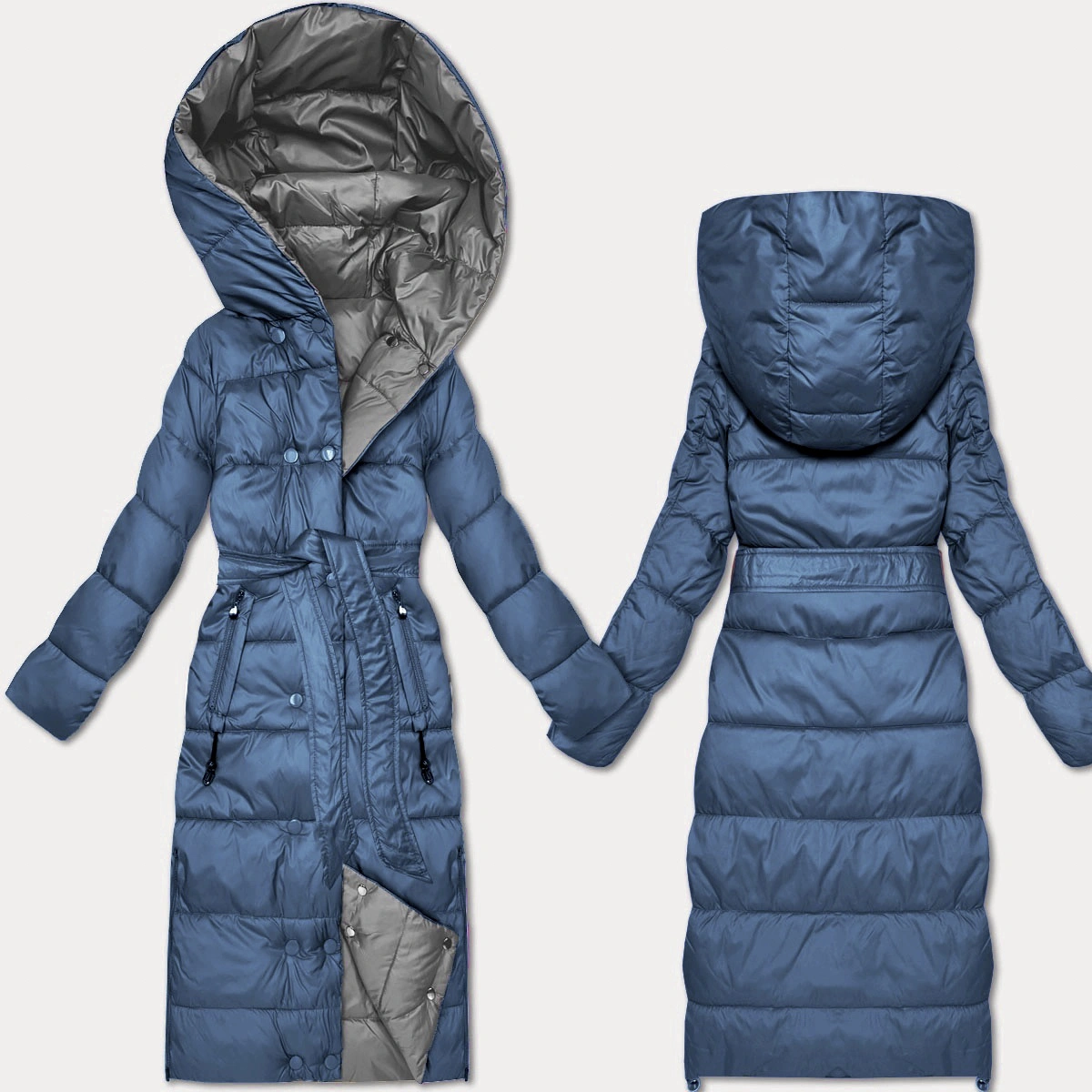 Dwustronna zimowa kurtka z paskiem Minority niebieski-szary (M2-6519-30+61)