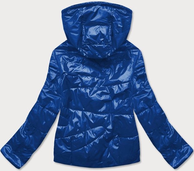 Krótka kurtka damska z kolorowym kapturem chabrowo/czarna (bh2005)