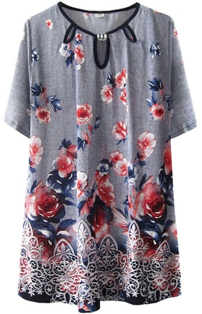 PROSTA BLUZKA W KWIATY Z APLIKACJĄ SZARA (247ART)