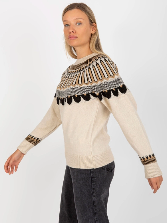 Casualowy sweter we wzory beżowy (0342)