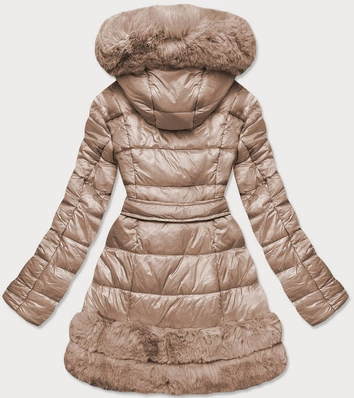 PIKOWANA KURTKA ZIMOWA DAMSKA OBSZYTA FUTREM BEŻOWA (FM16-3)