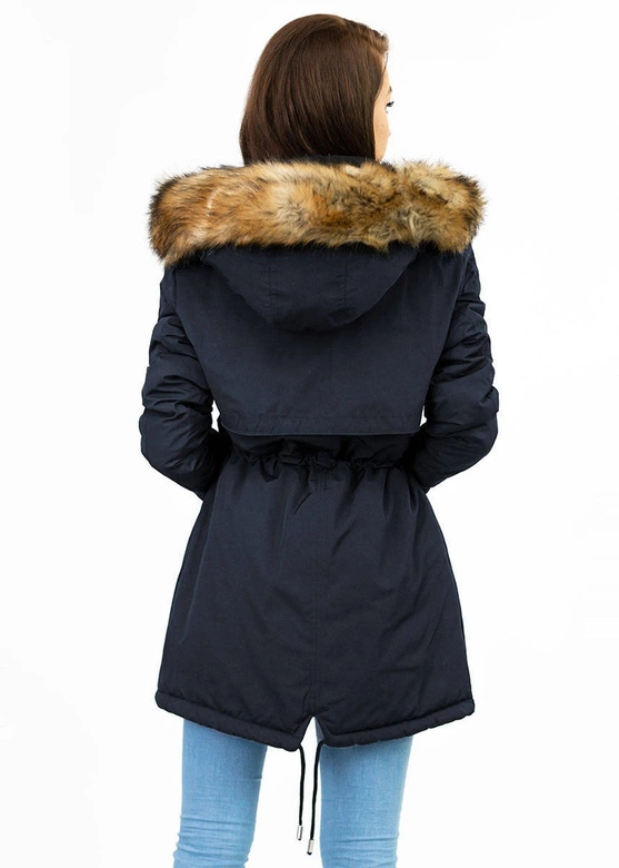 Dwustronna damska kurtka zimowa z kapturem granatowo-różowa (w211)