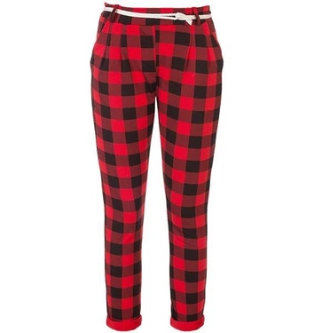 BAWEŁNIANE SPODNIE W KRATĘ CZARNO-CZERWONE (8953)