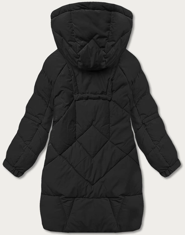 Puchowa kurtka damska z ozdobnymi taśmami czarna (AG2-J85)