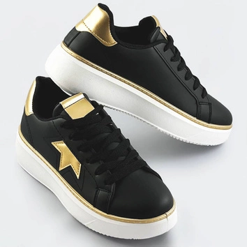 Sznurowane sneakersy z gwiazdką czarny-złoty (bb126a)