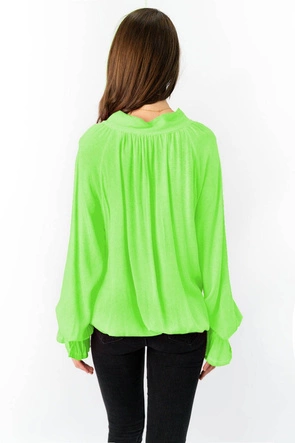 BAWEŁNIANA BLUZKA Z WIĄZANĄ STÓJKĄ LIMONKOWA (298ART)