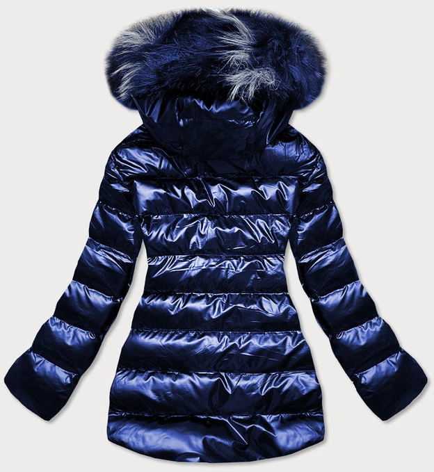 BŁYSZCZĄCA KURTKA ZIMOWA Z WZORZYSTYMI WSTAWKAMI GRANATOWA (XW809X)