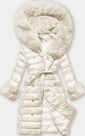 Puchowy płaszcz damski na guziki ecru (5M3160/1-254)