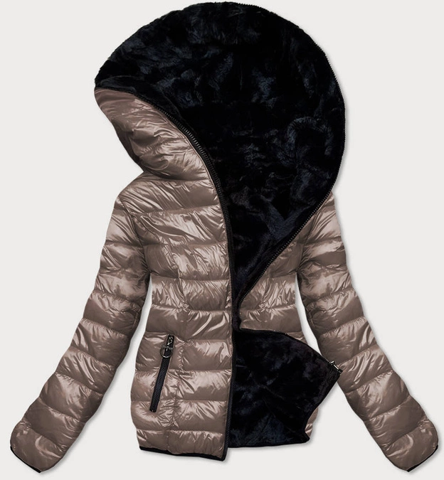 KRÓTKA DWUSTRONNA KURTKA DAMSKA ZIMOWA BRĄZOWO-CZARNA (B9580-10101)