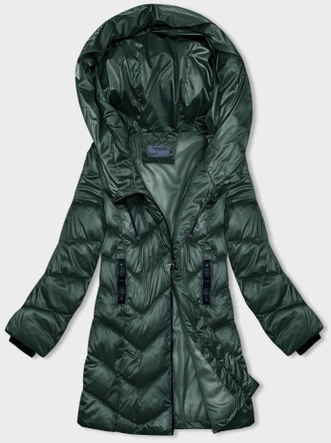Zimowa kurtka damska z asymetrycznym zamkiem ciemnozielona (B8167-10)