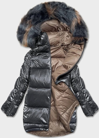 Dwustronna kurtka oversize grafitowo-beżowa (h-1088-62)