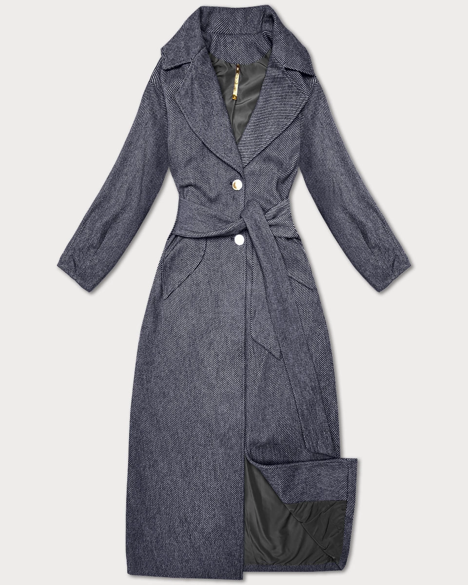Długi płaszcz damski z paskiem S'West granat-paseczki (B8542-26)
