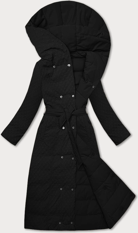 Dwustronny płaszcz damski z paskiem czarny (WD202307)