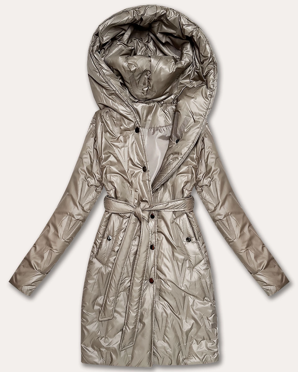 Pikowany płaszcz damski z paskiem S'West beżowy (B8508-12)