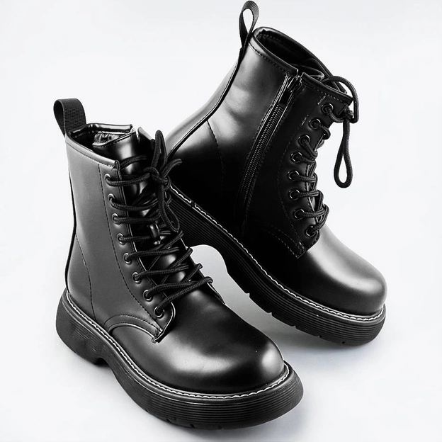 Sznurowane botki damskie czarne (a9935)