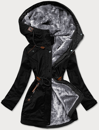 ZIMOWA PARKA DAMSKA Z WSTAWKAMI Z EKOSKÓRY CZARNA (M-21A93)