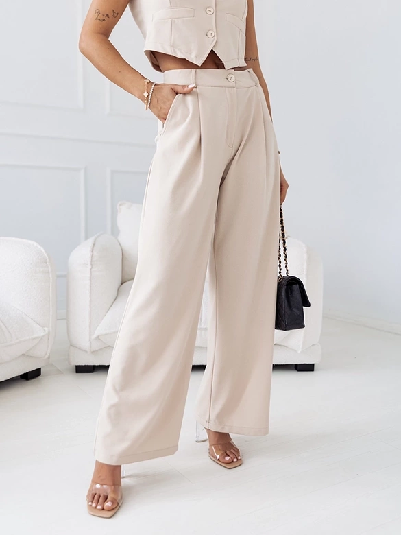 Elegancki zestaw krótka kamizelka i szerokie spodnie beżowy (VE90)