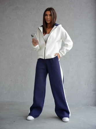 Gruby bawełniany komplet damski z rozpinaną bluzą biały-granat (503)