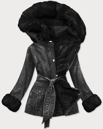 DAMSKA KURTKA JEANSOWA Z FUTRZANĄ PODSZEWKĄ CZARNA (9026#)