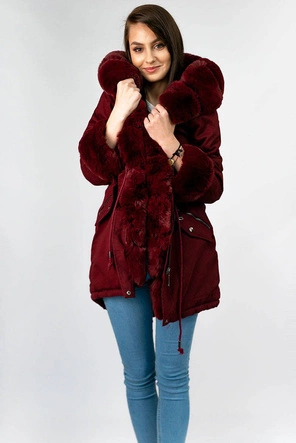 Bawełniana damska parka zimowa z futrem bordowa (xw801-3x)