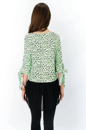 BLUZKA W PANTERKĘ Z FALBANĄ LIMONKOWA (244ART)