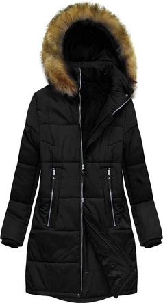 PIKOWANA DAMSKA KURTKA ZIMOWA Z KAPTUREM CZARNA (B2627)