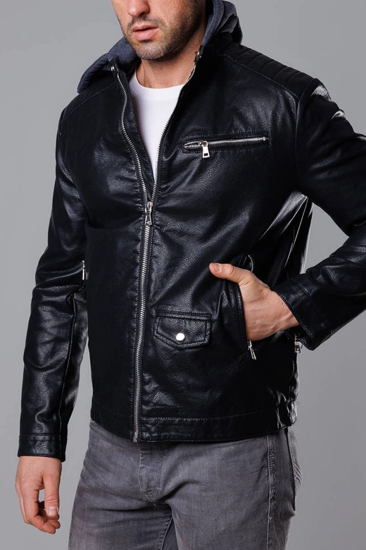 Kurtka męska z dresowym kapturem ekoskóra czarna (11Z8022)