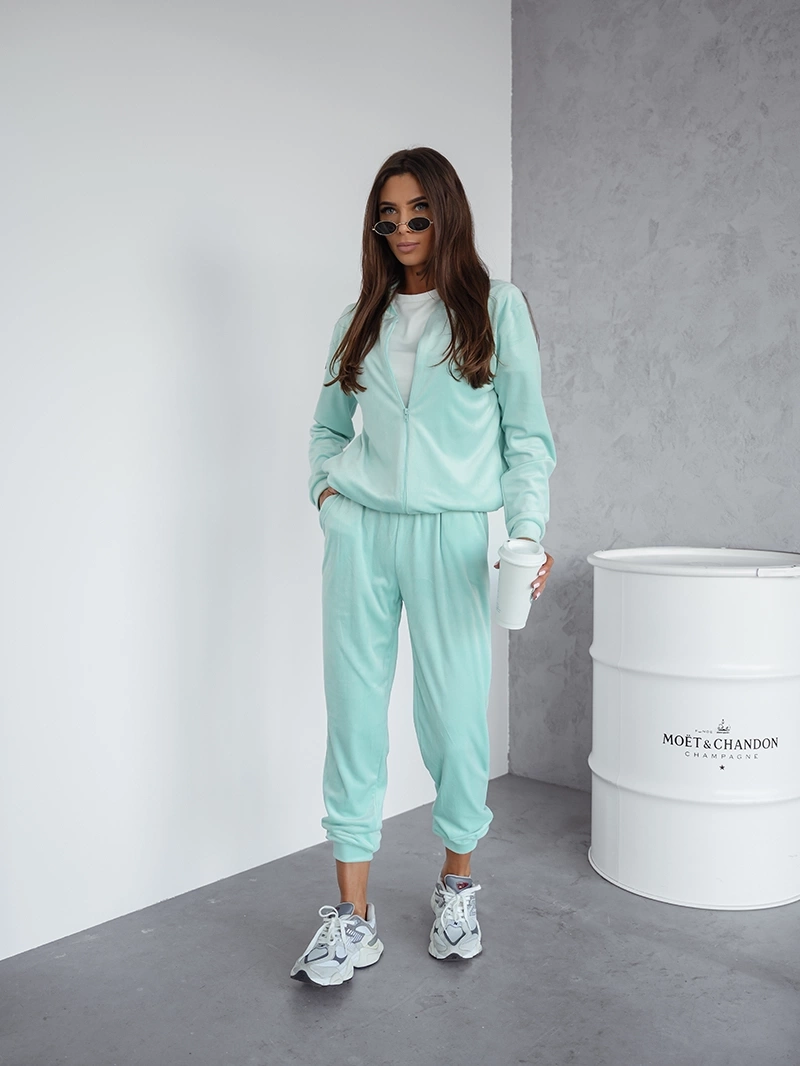 Welurowy komplet damski z rozpinaną bluzą miętowy (768)